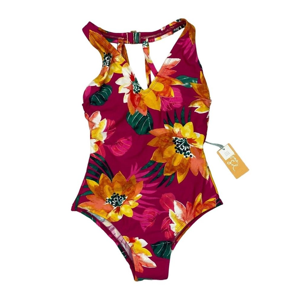Kona Sol One Piece Swimsuit Size Small Womens Tropical Floral Pink V Neck - Picture 4 of 9